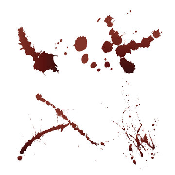 Set of hand drawn featuring various bloodstains in different shapes and sizes. High-quality realistic drips, splatters, drops, and smears, suitable for horror designs, medical graphics, crime scene.