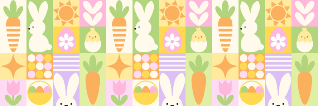 Seamless Easter pattern featuring cute bunny silhouettes, carrots, baby chicks, decorated eggs, tulips and baskets in soft pastel colors arranged in a playful geometric layout.