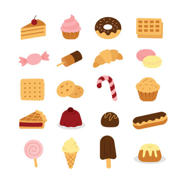 Set of hand drawn colour confectionery icons on a transparent background. Various sweets candies, chocolates, lollipops, cakes, donuts, pastries. Minimalist flat design suitable for web, app, print