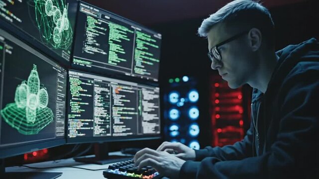 Coding and hacking in a dark room with multiple screens displaying lines of code and data
