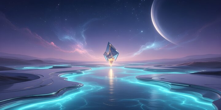 Sci-fi alien planet landscape with luminous blue rivers and a giant moon, mystical crystal structure in the center