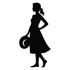 Summer Woman Silhouette Vector &ndash; Elegant Female Holding Hat, Graceful Lady in Flowing Dress, Minimalist Black and White Fashion Illustration for Beauty, Vacation, Travel, and Seasonal Design