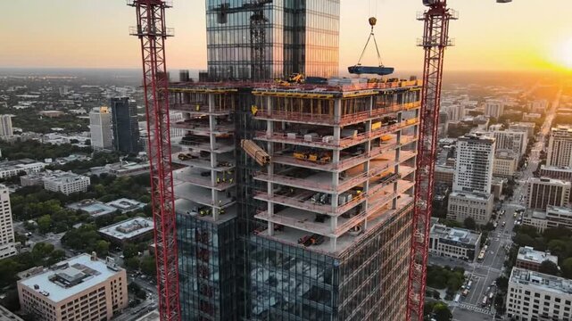 Construction ongoing at a tall building in downtown during sunset in a city with cranes working on the top floors