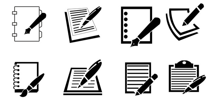 Black and white icons of pens on various writing materials