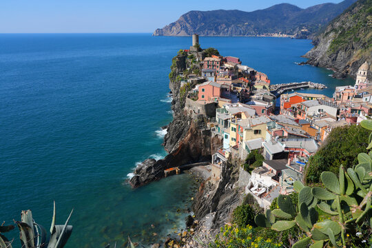 View of the picturesque coastal village of Vernazza in Cinque Terre on the Ligurian Coast in Italy