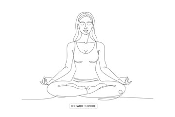 Obraz premium A minimalist line drawing depicts a woman meditating in the lotus position with serene expression