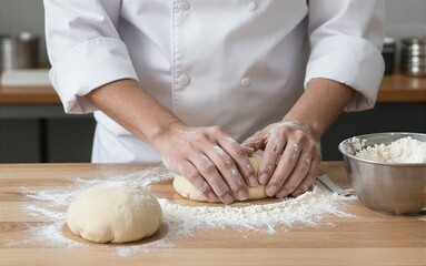 Fototapeta premium Chef kneads dough flour-dusted hands work bread on wooden board