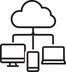 Cloud computing network icon displaying cloud connected to desktop tablet and mobile devices via lines
