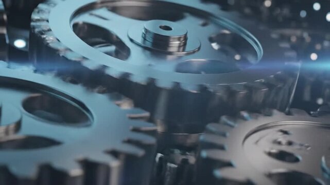 Close view of moving gears showing mechanics in a machine during operation in a workshop environment