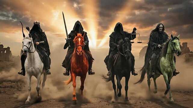 A conceptual representation of biblical prophecy showing the Four Horsemen of the Apocalypse riding powerful horses across a dusty desert landscape under a dramatic stormy sky with light rays.