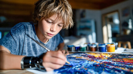 Fototapeta premium Teen artist painting colorful artwork with a robotic prosthetic arm, creative future tech concept
