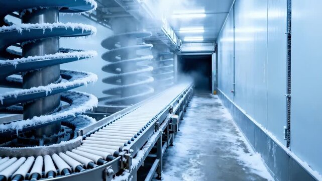 Medium angle view of an empty spiral blast freezer tunnel highlighting the spiral conveyor design and chilled environment ready for mass food production.