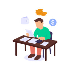 Current Finances, reviewing present income expenses and assets, Flat vector character illustration