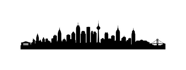 Obraz premium Silhouette of a modern city skyline with skyscrapers and bridge