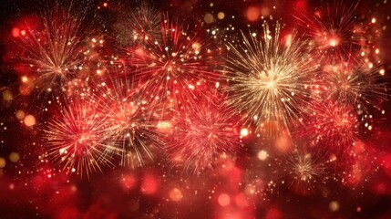 Fototapeta premium Vibrant Display of Red and Gold Fireworks Bursting Against a Dark Background with Bokeh Effect for Celebratory Events