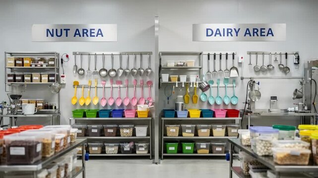 Medium shot showcasing dedicated tools and equipment neatly organized in an allergensegregated flavoring room designed to avoid crosscontact of nut and dairy ingredients.