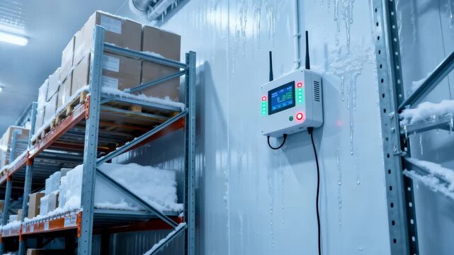 Medium shot of wireless IoT sensors installed in a refrigerated warehouse monitoring temperature and humidity to ensure optimal cold chain conditions.