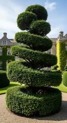 Sculpted evergreen tree forms a spiral staircase shape in a formal garden.