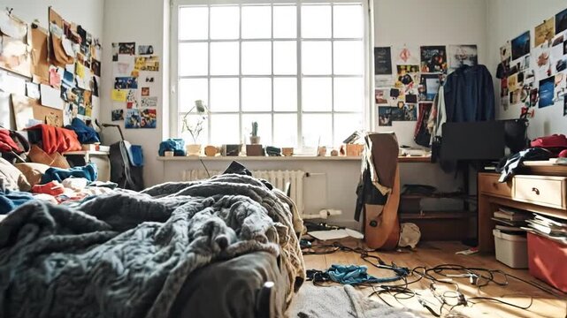 Messy bedroom with a bed, laptop, and various items scattered around, creating a cluttered background.