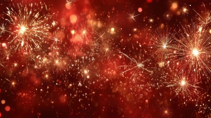 Fototapeta premium Vibrant Display of Colorful Fireworks Celebrating Festivals and Special Occasions in a Red Background