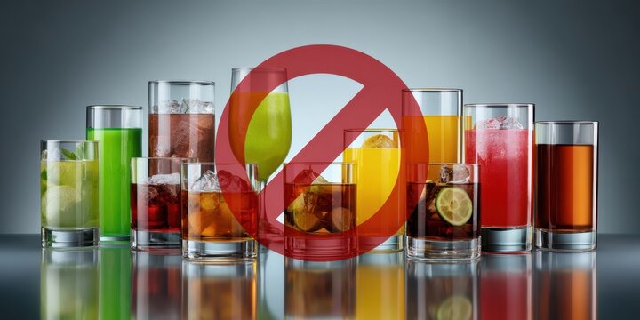 The drinks display with red prohibition symbol and colorful beverage glasses