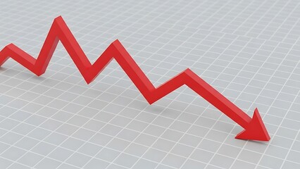Red 3 D arrow graph showing downward trend on a grid background