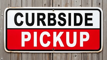 Red and white rectangular sign with bold black and white text reading curbside pickup mounted on wooden planks