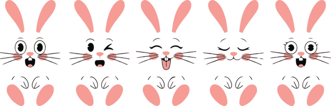Easter egg with bunny ear and paw. Cute rabbit emoji face icon, cartoon animal character set isolated on white background. Holiday vector illustration
