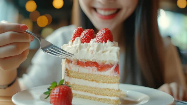 A woman preparing to enjoy a slice of red velvet cake with strawberries.