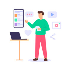 Digital Outreach, engaging audiences through online marketing channels, Flat vector character illustration