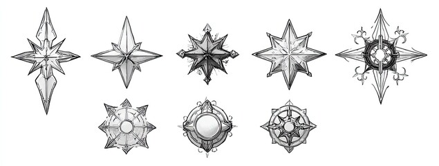 Collection of stylized compass rose designs, rendered in grayscale, varying in detail