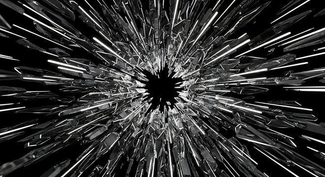 dynamic burst of fragmented glass and glowing light trails radiating from a central black void perfect for high-tech concepts or abstract visuals