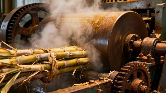 Side view medium shot of cane crushing mill tandems with steam swirling around massive rollers compressing sugarcane stalks showcasing raw material texture and machinery.