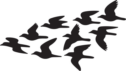 Obraz premium Flock of cranes or stork black silhouette in flying. Vector flat illustration of bird migration isolated on transparent background