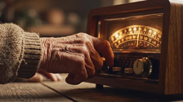 Turning the dial on a vintage radio in a cozy room while the sun sets in the background