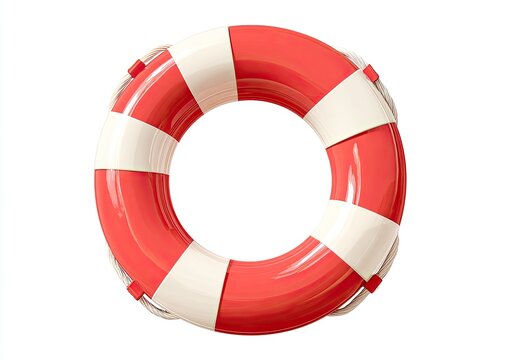 Glossy, red and white striped life preserver ring on a clean white background