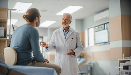 Obraz premium Doctor consulting with patient in a modern hospital examination room with medical equipment