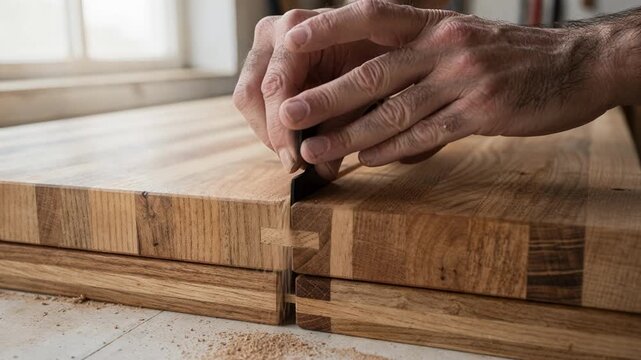 Closeup medium shot showing the assembly of butcher block edgeglued panels highlighting the tight grain patterns and smooth surface finishing under natural light.