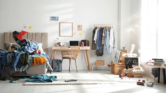 Messy bedroom interior with clothes scattered on the bed and floor, creating a cluttered atmosphere.