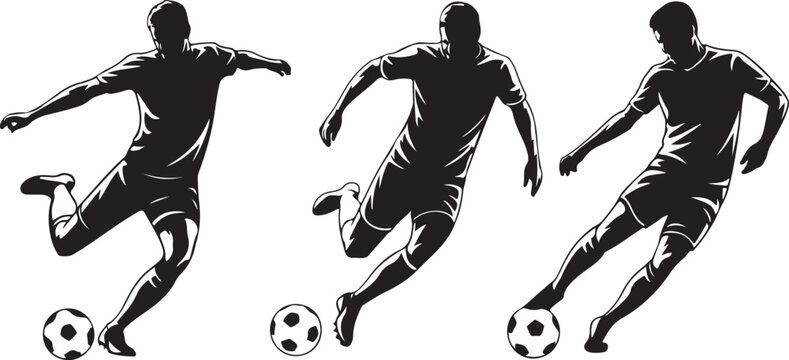 Football players, group of football players. Set of Football players isolated vector silhouettes. Ink drawing. Sports team