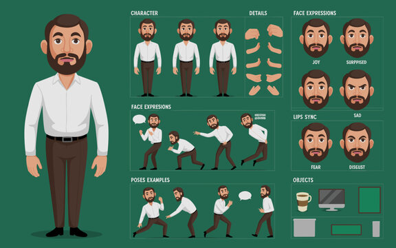 Cartoon Character Design Kit Ready for Animation: Man Presenting Emotions, Expressions, Poses, Gestures, Objects for Explainer Videos, Presentations & eLearning Projects; Animated Style, Friendly, Div