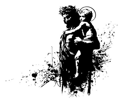 Religious silhouette of Saint Christopher carrying a child in a grunge ink splatter style