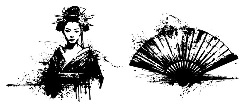 Japanese geisha woman and traditional folding fan in a dark ink splatter grunge style