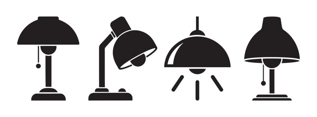 Four diverse black silhouette icons of lamps: table lamps, desk lamp, and pendant light, for home or office.