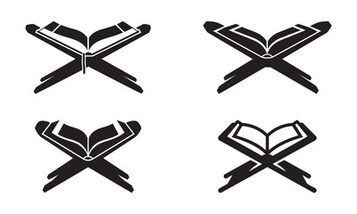 Four black silhouette icons depicting the Holy Quran open on a wooden stand, symbolizing Islamic faith and knowledge.