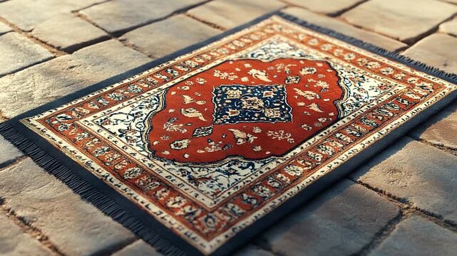 Ornate Persian rug displayed on cobblestone surface outdoors
