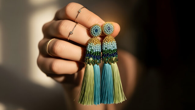 Boho chic blue and green tassel earrings with intricate beadwork held by female hand, long fringe statement jewelry for summer style, close up of handmade beaded tassel earrings