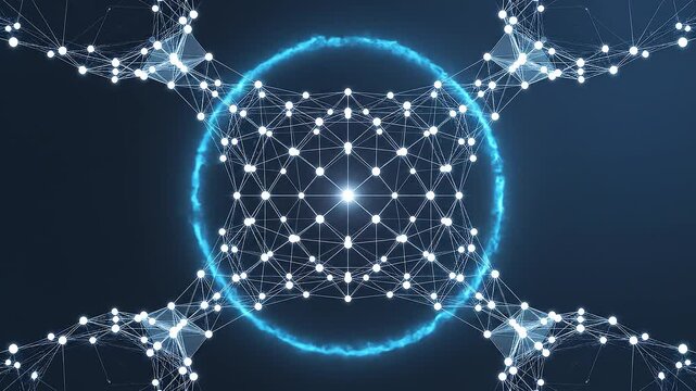 A glowing blue circle surrounded by a network of interconnected nodes and lines on a dark blue background from a frontal viewpoint
