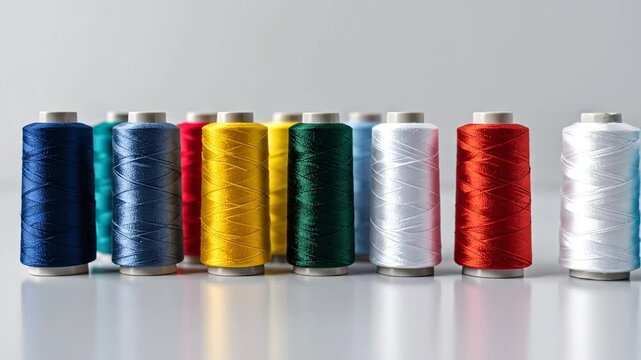Colorful spools of thread arranged in a row, showcasing a variety of vibrant colors against a neutral background.