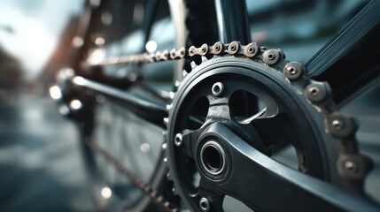Close-up macro of a bicycle drivetrain showing the chain, sprocket and crankset in sharp mechanical detail.